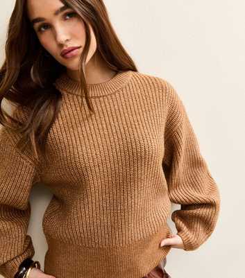 Camel Ribbed Knit Long Sleeve Jumper