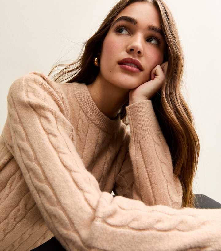 Camel Cable Knit Crew Neck Jumper