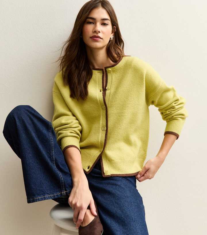 Green Tipped Crew Neck Cardigan
