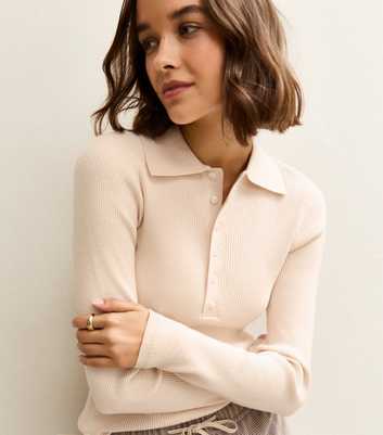 Cream Button Front Ribbed Polo Top
