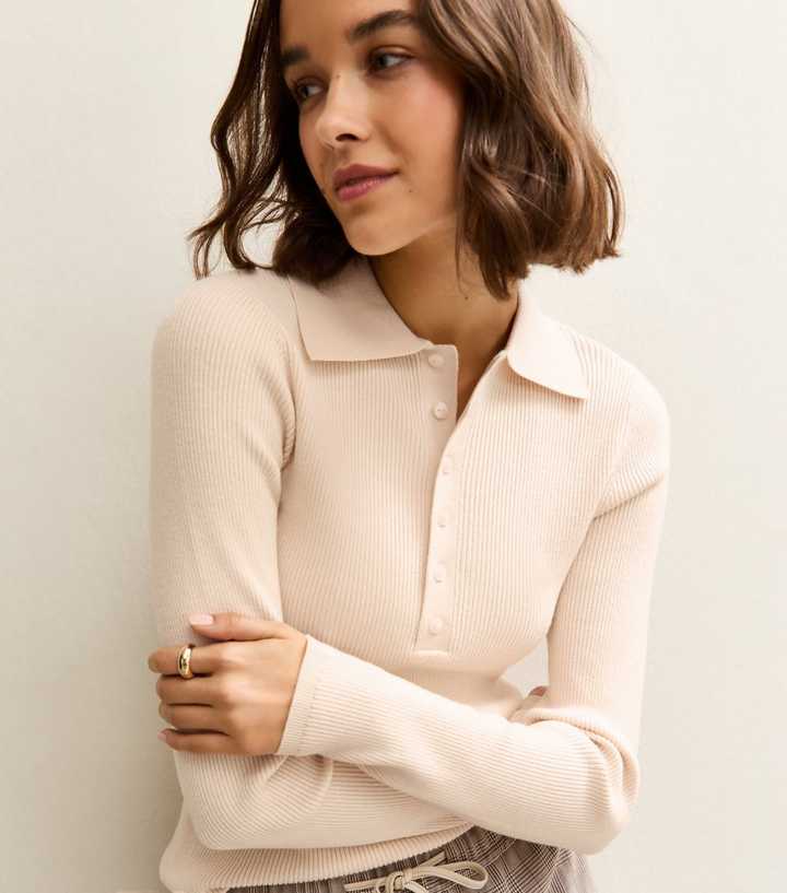Cream Button Front Ribbed Polo Top