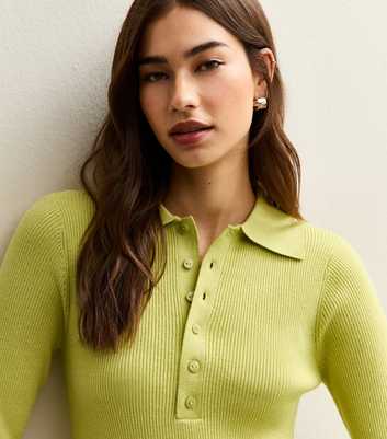 Green Button Front Ribbed Polo Top