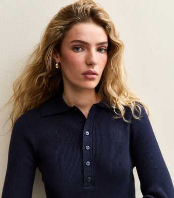 Navy Button Front Ribbed Polo Top
