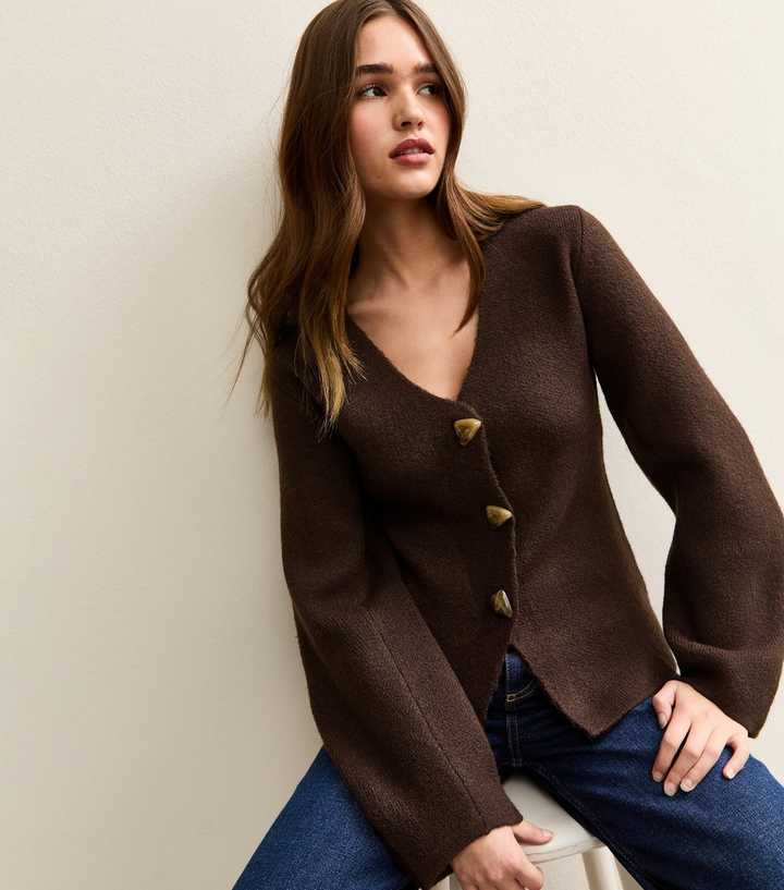 Dark Brown V- Neck Heavyweight Knit Cardigan
