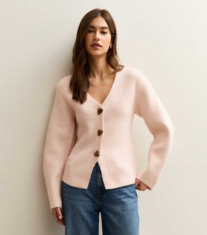Light Pink V- Neck Heavyweight Knit Cardigan
