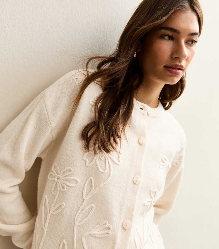 Cream 3D Floral Knitted Cardigan