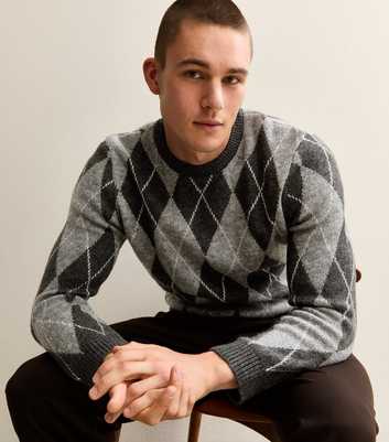 Grey Argyle Knit Crew Neck Jumper