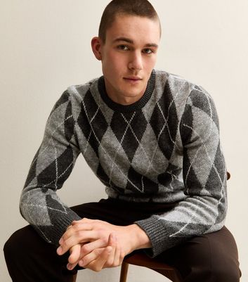 Grey Argyle Knit Crew Neck Jumper | New Look