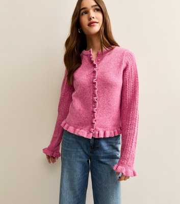 Pink Frilly Button Front Cardigan