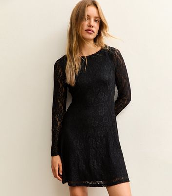 Black Lace Long Sleeved Skater Mini Dress