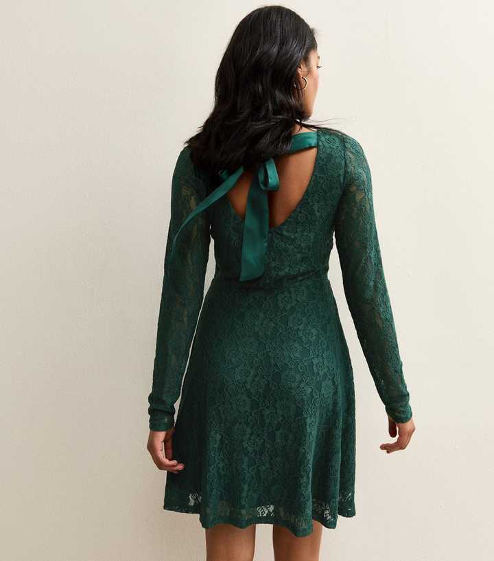 Green Lace Long Sleeved Skater Mini Dress | New Look