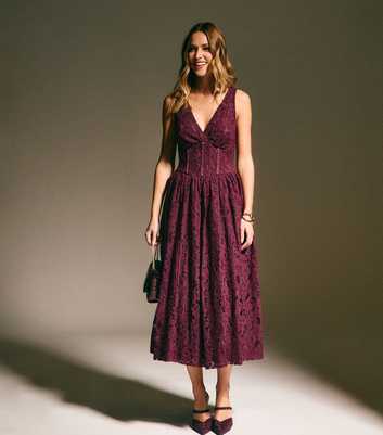 Dark Burgundy Lace Corset Midi Dress