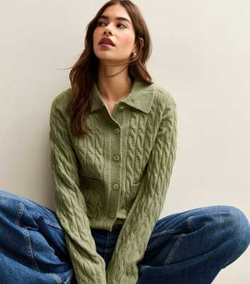 Green Cable Knit Collared Cardigan