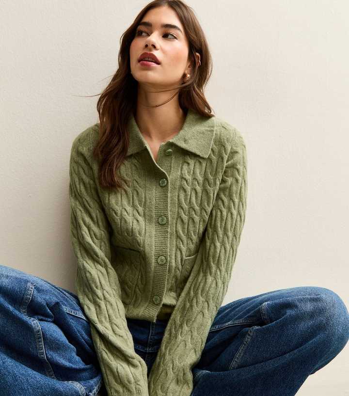 Green Cable Knit Collared Cardigan