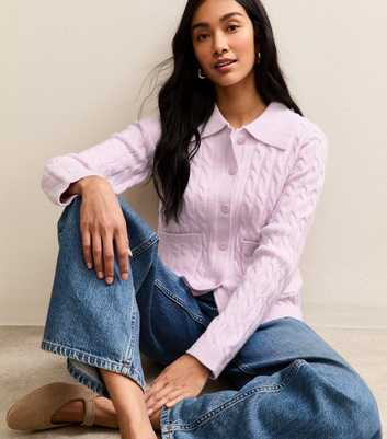 Lilac Cable Knit Collared Cardigan