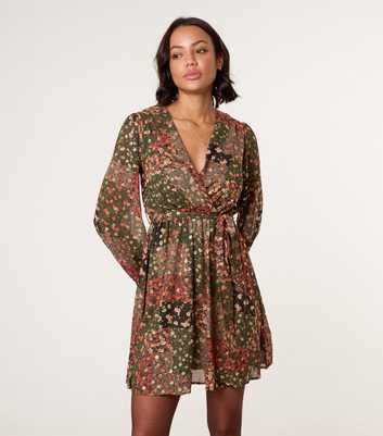 Blue Vanilla Khaki Gold Foil Wrap Dress