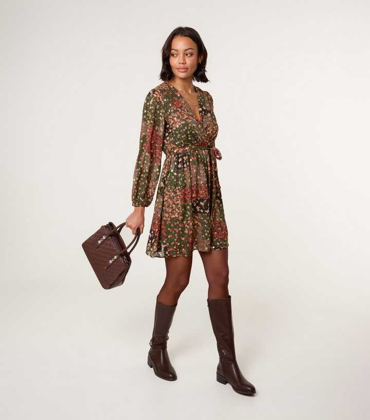 Blue Vanilla Khaki Gold Foil Wrap Dress | New Look