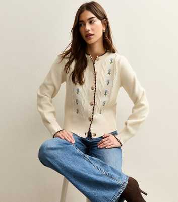 White Blanket Stitch Trim Embroidered Floral Cardigan