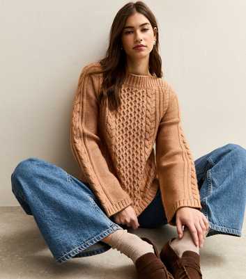 Camel Cable Knit Wide Sleeve Jumper