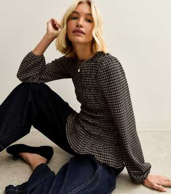 Brown Textured Jersey Checked Shirred Top