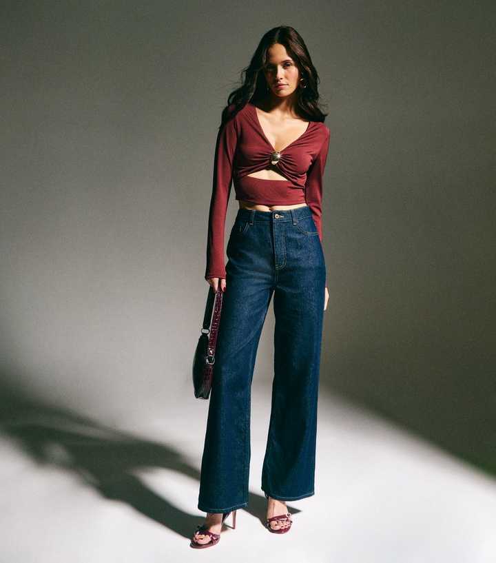 Dark Burgundy Ring Detail Cut Out Long Sleeve Top