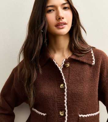 Brown Blanket Stitch Collared Cardigan