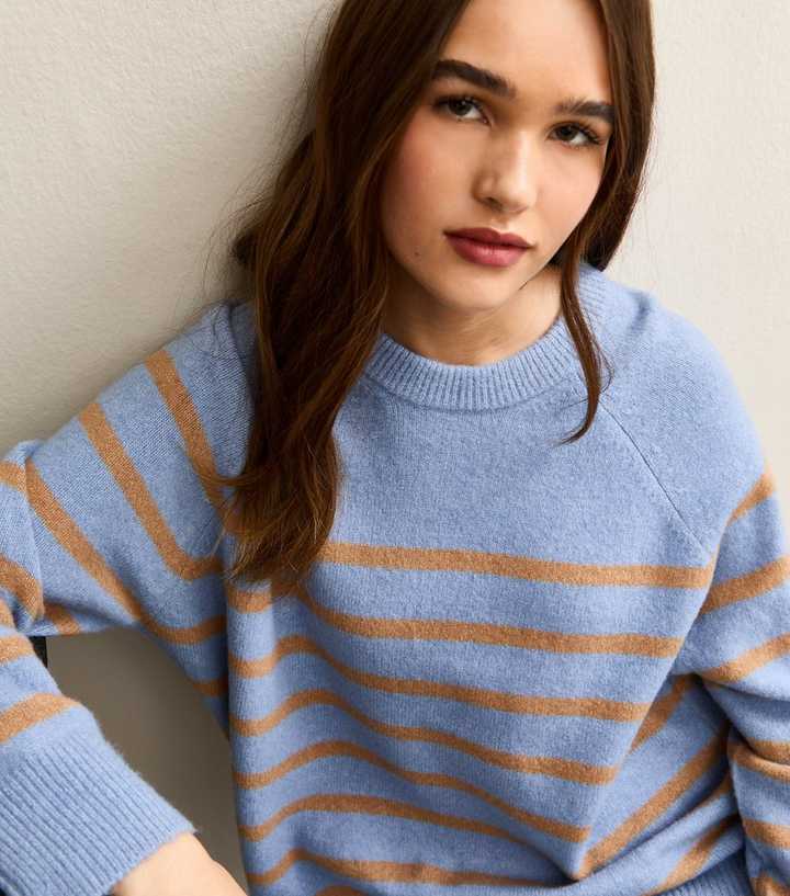 Light Blue Striped Raglan Sleeves Oversized Jumper