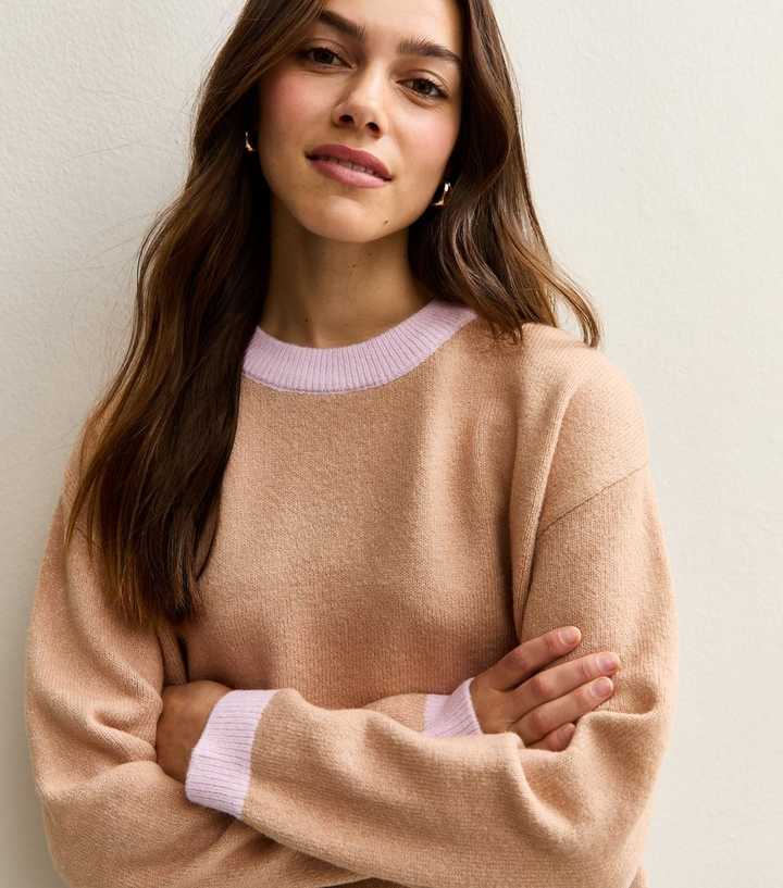 Petite Camel Contrast Rib Jumper
