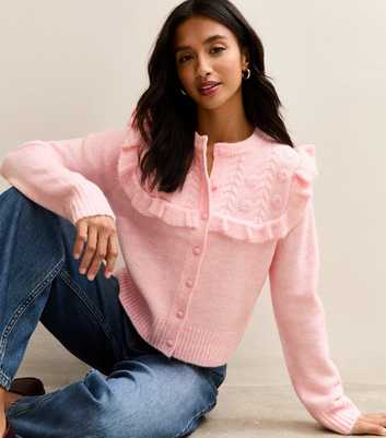 Petite Pink Floral Design Frilly Trimmed Cardigan