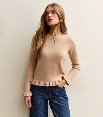 Camel Frill Trim Crew Neck Jumper