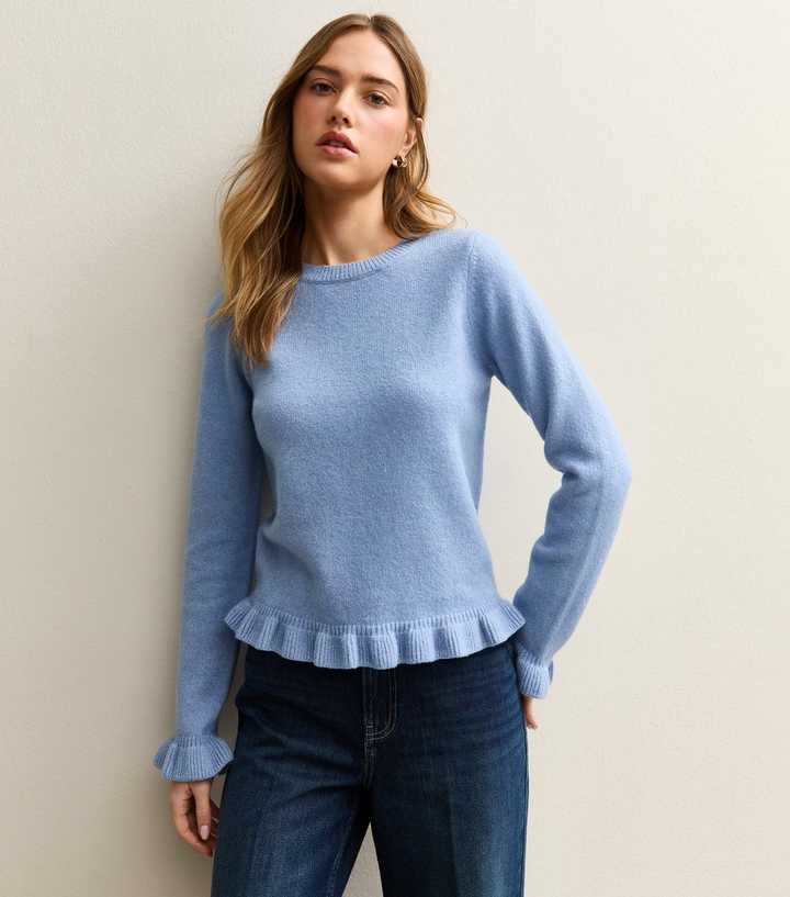 Blue Frill Trim Crew Neck Jumper