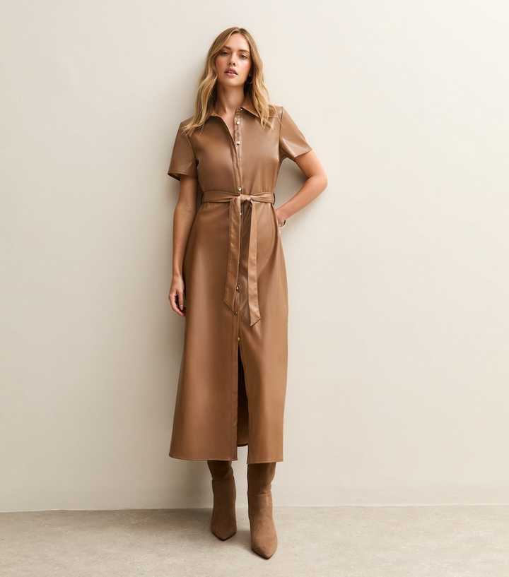 Camel Faux Leather Belted Midi Shirt Dress