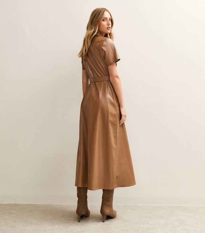 Camel Faux Leather Belted Midi Shirt Dress | New Look