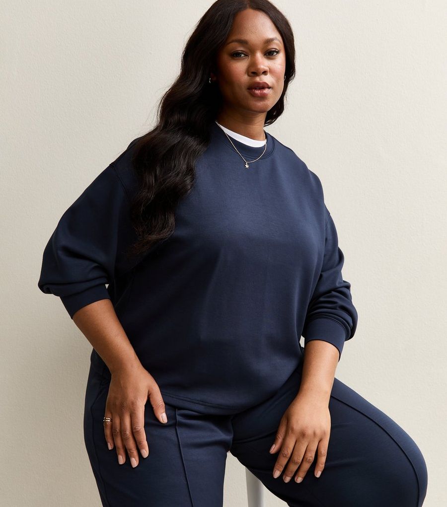 Curves Premium Navy Jersey Crew Neck Sweatshirt