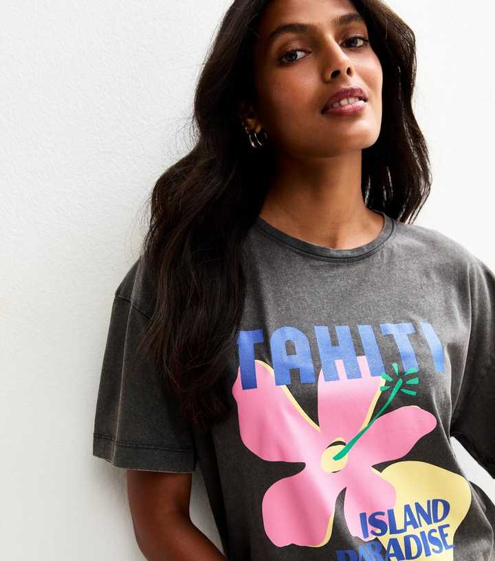 Dark Grey Tahiti Floral Print Oversized T-Shirt