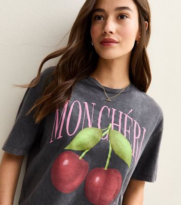 Dark Grey Mon Cheri Print Boxy T-Shirt | New Look