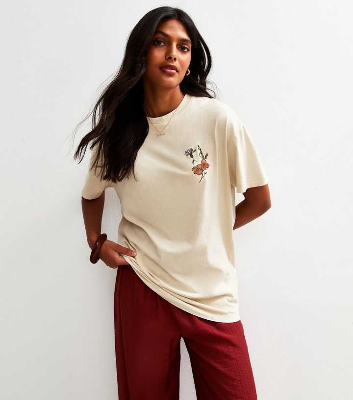 Off White Floral Print Oversized T-Shirt 