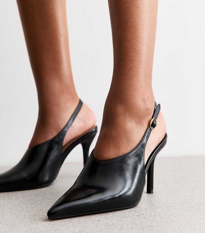Black High Vamp Faux Leather Slingback Heels