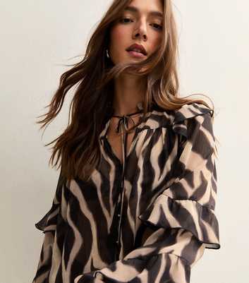 Black Zebra Print Chiffon Frilly Trimmed Blouse