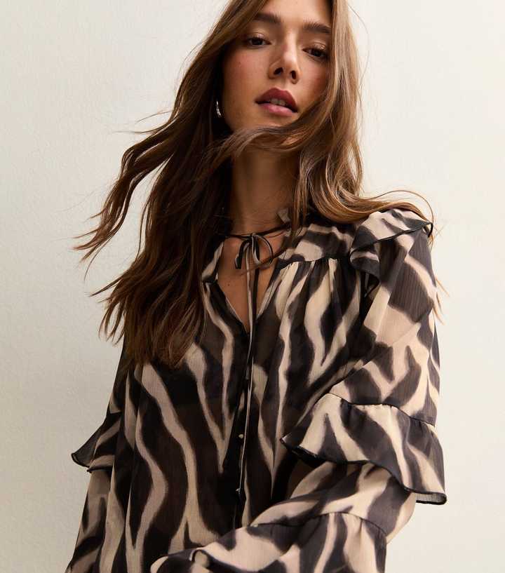Black Zebra Print Chiffon Frilly Trimmed Blouse