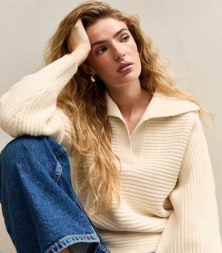 Cream Stitchy Polo Batwing Jumper
