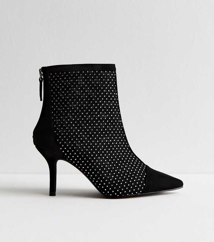 Wide Fit Black Faux Suede Mesh Diamante Embellished Heeled Ankle Boots