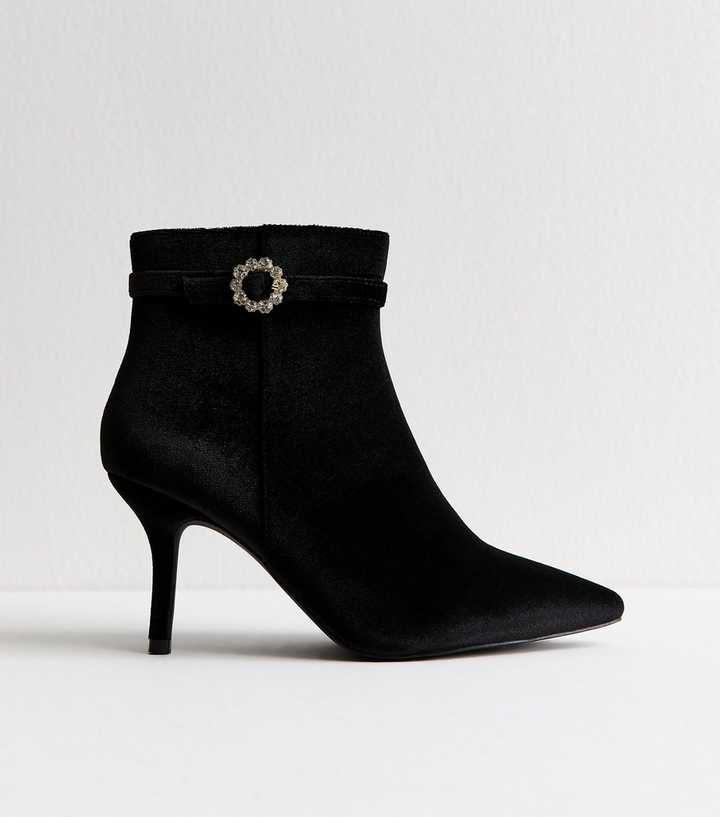 Wide Fit Black Velvet Diamante Buckle Ankle Boots
