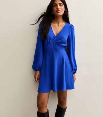 Deqiang Women's V-Neck Long Sleeve Mini Dress - A-Line Tie Waist Spring Dress (Royal Blue) - View #3