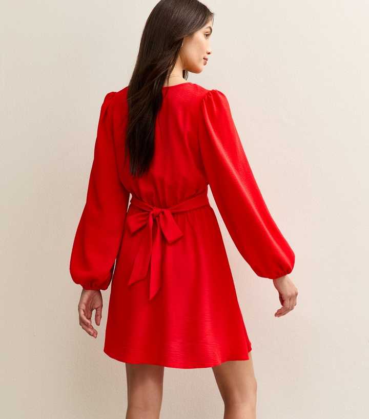 Bright Red V-Neck Long Sleeve Mini Dress | New Look