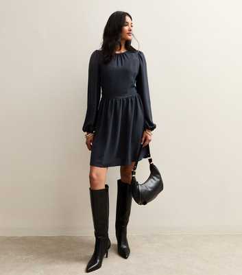 Black Long Sleeve Skater Skirt Mini Dress