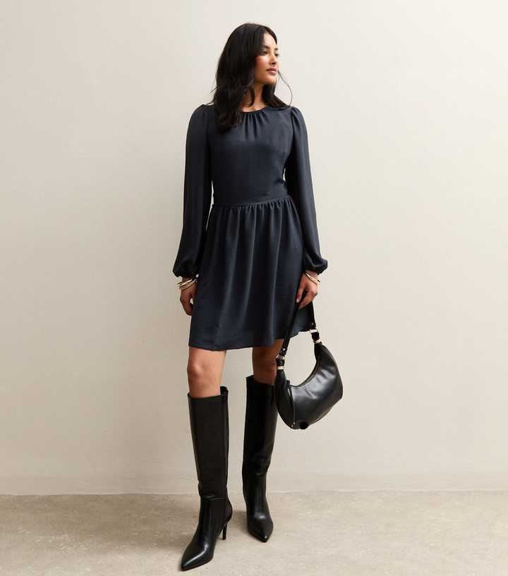 Black Long Sleeve Skater Skirt Mini Dress | New Look