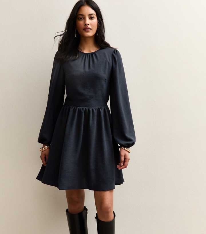 Black Long Sleeve Skater Skirt Mini Dress | New Look
