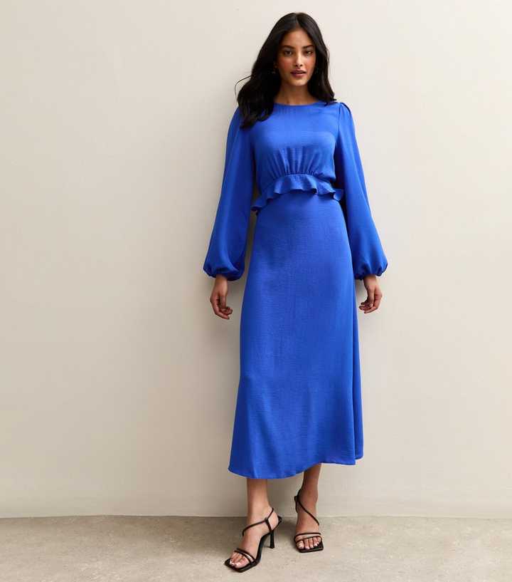 Blue Ruffle Trim Long Sleeve Midi Dress | New Look Blue Ruffle Trim Long Sleeve Midi Dress | New Look