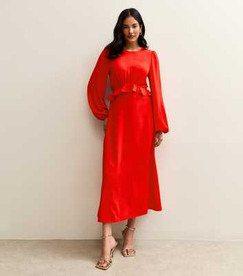 Red Ruffle Trim Long Sleeve Midi Dress
